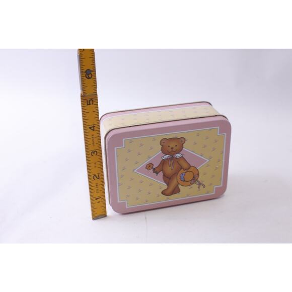 Little Tin Box with a Teddy Bear holding a Hat and a Flower, Pink-Yellow, Floral - Picture 2 of 2